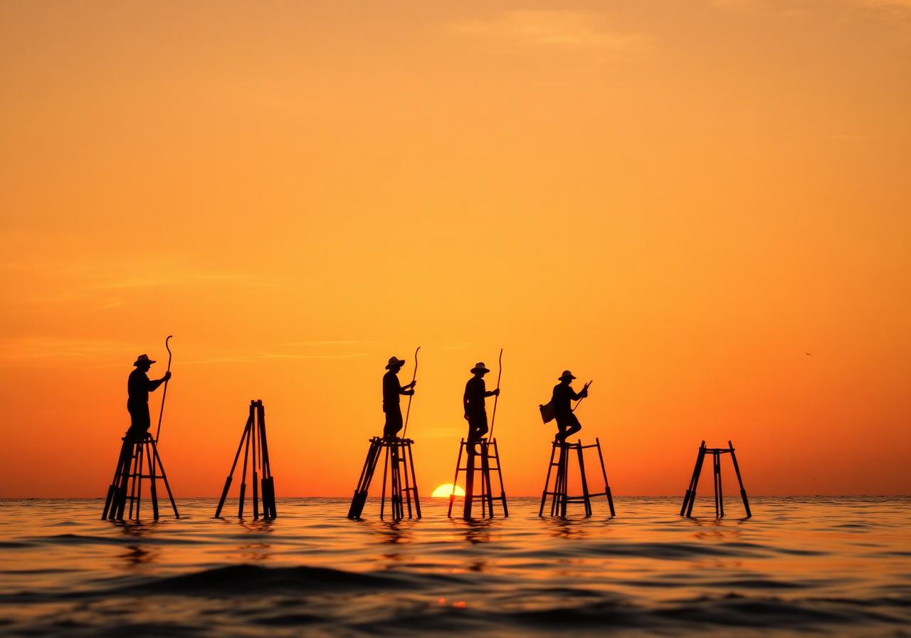 Stilt fishermen at sunset
