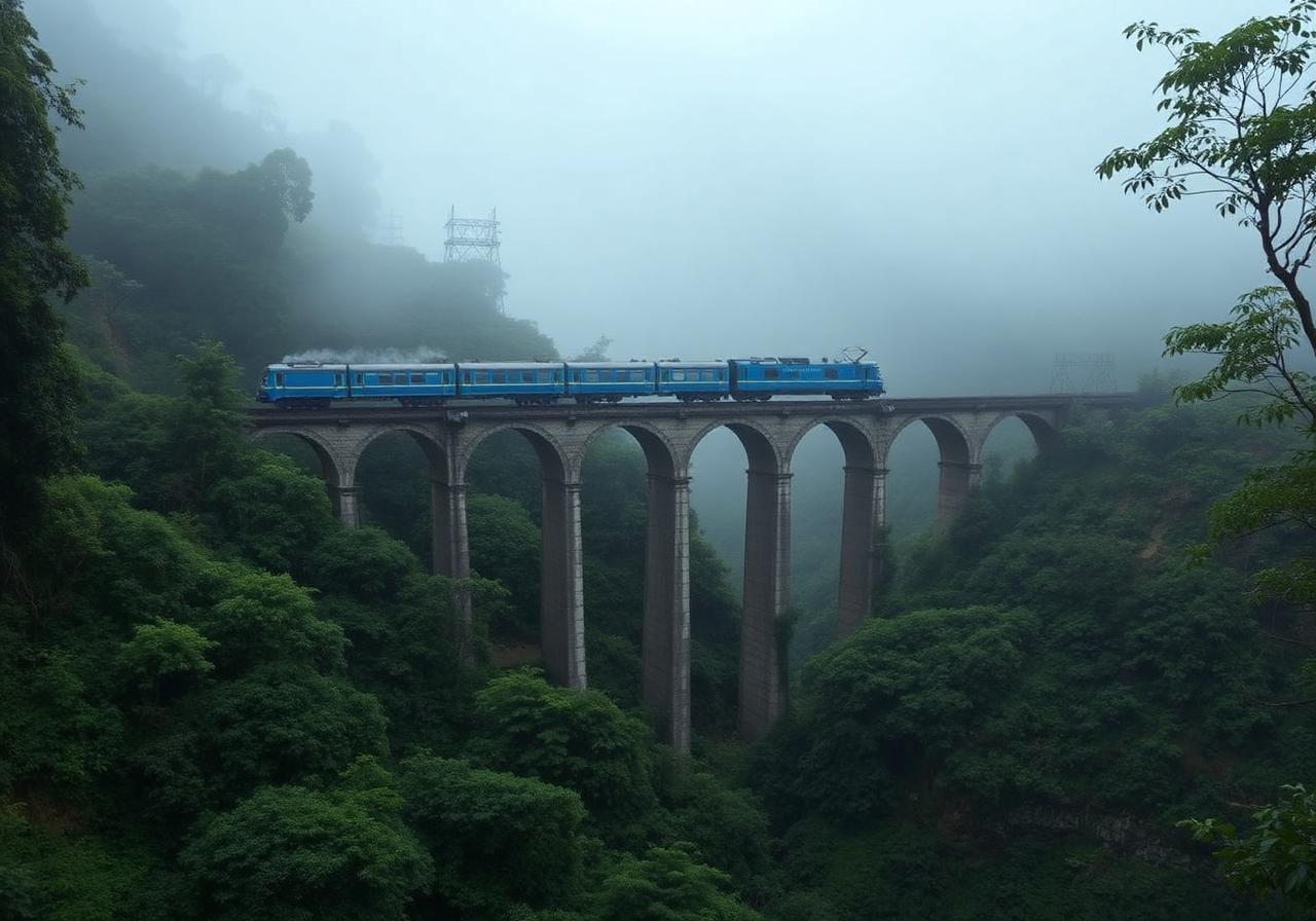 Blue train crossing the Nine Arches Bridge